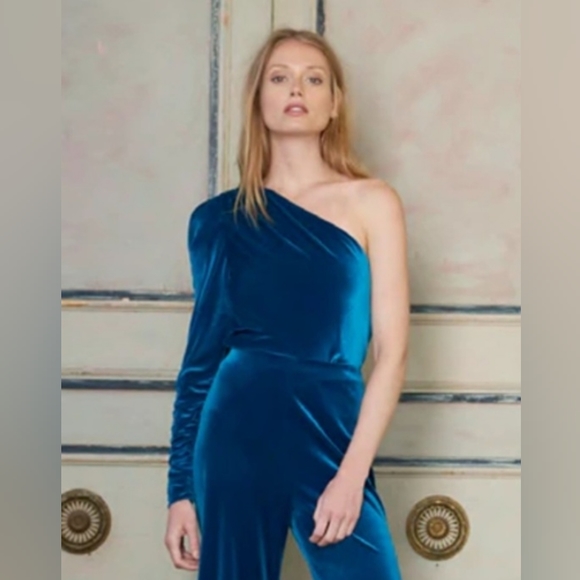 Monique Lhuillier Tops - ML Monique Lhuillier One Shoulder Velvet Top Ruched Sleeve Blue Size S